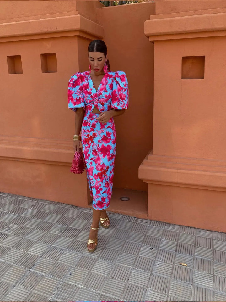 Sydney | Women’s Summer Printed Puff Sleeve Midi Dress