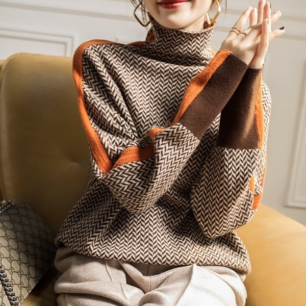 Bella | Women Luxe Herringbone Turtleneck Sweater