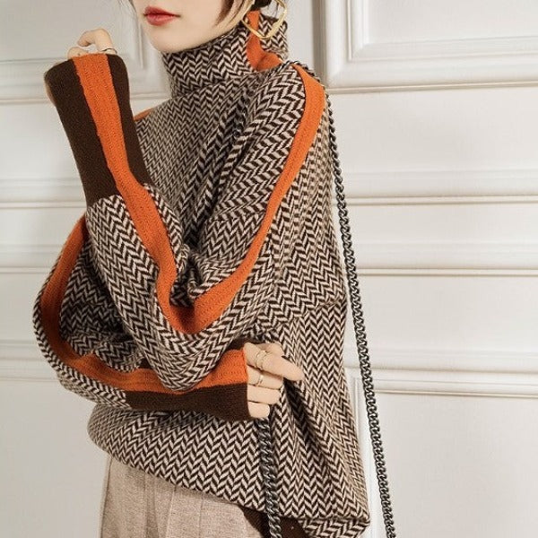 Bella | Women Luxe Herringbone Turtleneck Sweater