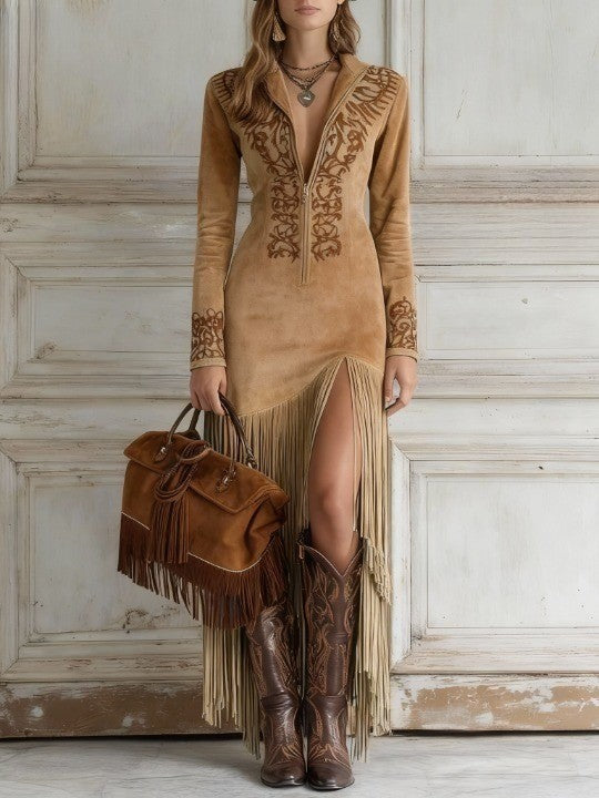 Maria | Women Suede Fringe Summer Maxi Dress